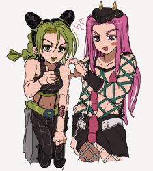 Rule 34 | 1boy, 1girl, bare shoulders, belt, black hair, black tank top, blush, breasts, bun with braided base, butterfly ornament, butterfly tattoo, cone hair bun, cowboy shot, crop top, double bun, fake horns, fishnet top, fishnets, fu r y, green belt, green eyes, green hair, green lips, hair bun, heart, heart hands, heart hands failure, hetero, highres, horned hat, horned headwear, horns, jojo no kimyou na bouken, kuujou jolyne, lipstick, long hair, makeup, medium hair, midriff, multicolored hair, narciso anasui, navel, outline, pink eyes, pink hair, simple background, sketch, small breasts, spider web print, stone ocean, tank top, tattoo, thumbs up, two-tone hair, white background, white outline