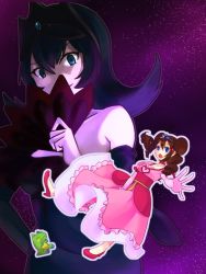 10s 2girls :o alternate_costume bad_id bad_pixiv_id bellelba_(pokemon) blue_eyes brown_hair detached_sleeves dress drill_hair elbow_gloves folding_fan frilled_dress frills gloves gym_leader hand_fan headdress heart high_heels highres kamogonn long_hair multiple_girls nintendo pokemon pokemon_bw2 pokemon_move pokestar_studios pokewood purple_hair rosa_(pokemon) sabrina_(pokemon) shoes substitute_(pokemon) sweatdrop tiara twin_drills twintails