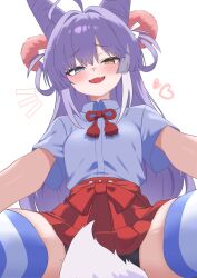 1girl absurdres ahoge bike_shorts_under_skirt blue_eyes commentary_request cone_hair_bun fang fox_girl fox_tail hair_bun hair_rings hakama hakama_short_skirt hakama_skirt heart heterochromia highres japanese_clothes long_hair looking_at_viewer oldsickkim open_mouth pleated_skirt purple_hair red_hakama red_skirt shirt shirt_tucked_in short_sleeves sidelocks simple_background skirt smile solo stellive striped_clothes striped_thighhighs tail tenko_shibuki thighhighs virtual_youtuber white_background white_shirt yellow_eyes