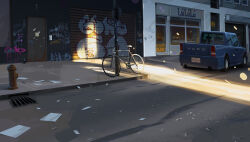 bicycle building door garage graffiti grate lamppost light_particles light_rays michal_lisowski motor_vehicle no_humans original paper road scenery sewer_grate sidewalk signature street truck window