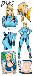 2girls :q abs akairiot aqua_eyes banana bench black_hair blonde_hair bodysuit bracer breasts character_name cleavage collage colored_skin crop_top crossover emblem food fruit full_body grey_skin groin hair_over_shoulder hand_on_own_hip hands_on_own_hips highres hip_bones hip_focus holding kuso_miso_technique large_breasts licking logo looking_at_viewer looking_to_the_side low_ponytail metroid midriff mole mole_on_breast mole_under_mouth multiple_girls multiple_views muscular navel nintendo no_pupils open_mouth park_bench plump ponytail portrait profile saliva samus_aran scrunchie sexually_suggestive sidelocks signature simple_background sketch skin_tight solo_focus sparkle speech_bubble sportswear standing super_smash_bros. swept_bangs thumbs_up toned tongue tongue_out tree turtleneck unzipping upper_body white_background wii_fit wii_fit_trainer wii_fit_trainer_(female) yaranaika zero_suit zipper