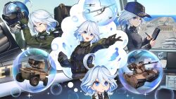 1girl absurdres ahoge aircraft aircraft_carrier airplane alternate_universe baek_hyang blue_eyes blue_hair chibi chibi_inset fighter_jet flight_suit furina_(genshin_impact) g-suit genshin_impact hat helmet highres imagining military_uniform military_vehicle multiple_views no_tables pilot_helmet removing_helmet resized ship short_hair tagme warship watercraft