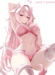 1girl absurdres ahoge animal_ears ayvoli_(vtuber) blush bow bow_panties bra breasts closed_mouth commentary_request cow_ears cow_girl cow_tail flower frilled_panties frills german_commentary grabbing_own_breast hair_between_eyes hair_flower hair_ornament heart heart_ahoge highres indie_virtual_youtuber large_breasts long_hair looking_at_viewer navel panties pink_bra pink_eyes pink_flower pink_hair pink_panties pr_ponnyan second-party_source simple_background smile solo stomach tail tail_around_own_leg thighhighs thighs underwear very_long_hair virtual_youtuber white_background white_thighhighs