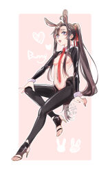 1girl alternate_costume animal_ears black_hair black_nails black_shrug breasts brown_hair collar collared_shrug dated english_text fake_animal_ears fake_tail frontless_outfit full_body genderswap genderswap_(mtf) hair_censor hair_over_breasts hair_ribbon heart high_heels highres hiphighs invisible_chair kimako_(kimako_8) leotard long_hair looking_at_viewer medium_breasts meme_attire modao_zushi nail_polish navel necktie open_mouth playboy_bunny ponytail purple_eyes rabbit_ears rabbit_tail red_necktie red_ribbon revealing_clothes reverse_bunnysuit reverse_outfit ribbon shrug_(clothing) sidelocks sitting smile solo stomach tail twitter_username very_long_hair watermark wei_wuxian white_collar wrist_cuffs