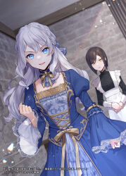 2girls :d apron ascot bars black_dress black_hair blue_ascot blue_collar blue_dress blue_eyes blue_ribbon blunt_ends bob_cut braid brick_wall brooch buchigire_reijou_wa_houfuku_o_chikaimashita._~madousho_no_chikara_de_sokoku_o_tataki_tsubushimasu~ clenched_hands collar cross-laced_clothes double-parted_bangs dress dutch_angle feet_out_of_frame frilled_collar frills gold_trim hair_between_eyes hair_ribbon half_up_braid hand_up highres in_cell indoors inverted_bob jewelry juliet_sleeves lace-trimmed_sleeves lace_trim light_smile long_dress long_hair long_sleeves looking_ahead looking_at_another maid maid_apron masami_(souzou_jinsei_sanka) multiple_girls neck_ribbon official_art open_mouth own_hands_together parted_lips prison_cell puffy_sleeves ribbon short_hair sleeve_cuffs smile standing swept_bangs v-shaped_eyebrows wavy_hair white_hair wide_sleeves yellow_eyes yellow_ribbon