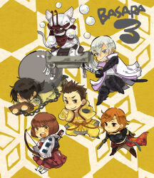 Rule 34 | 2girls, 4boys, :&lt;, :d, armor, black shirt, blush, bow (weapon), brown pants, chibi, chibi only, clenched hand, clenched teeth, copyright name, cropped jacket, eishi2003, furrowed brow, grey eyes, grey hair, gun, hair between eyes, hakama, hakama skirt, helmet, holding, holding bow (weapon), holding gun, holding weapon, ishida mitsunari (sengoku basara), jacket, japanese armor, japanese clothes, jinbaori, kabuto (helmet), kuroda kanbei (sengoku basara), long hair, looking ahead, looking at viewer, low ponytail, male focus, medium hair, multiple boys, multiple girls, ootani yoshitsugu (sengoku basara), open mouth, pants, ponytail, red hakama, saika magoichi (sengoku basara), sengoku basara, shirt, short hair, short ponytail, skirt, smile, stocks, teeth, tokugawa ieyasu (sengoku basara), tripping, tsuruhime (sengoku basara), v-shaped eyebrows, weapon, yellow background, yellow eyes, yellow jacket