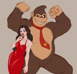 1boy 1girl absurdres arms_up blue_eyes brown_fur brown_hair clenched_hands commentary donkey_kong donkey_kong_(series) dress earrings english_commentary eyeshadow furry furry_male grey_background grin highres jewelry long_dress long_hair makeup mario_(series) necktie nintendo pauline_(mario) peppr_n&#039;_salt purple_eyeshadow red_lips red_nails red_necktie simple_background sketch sleeveless sleeveless_dress smile