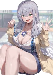 1girl blue_skirt blurry blurry_background breasts cardigan cleavage green_eyes grey_hair highres hololive large_breasts long_hair menmen_(menmen13s) pleated_skirt shirogane_noel shirt skirt solo suggestive_fluid virtual_youtuber wet wet_clothes wet_shirt white_shirt