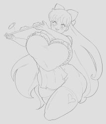 1girl aino_minako apron ass bishoujo_senshi_sailor_moon blush bow breasts cleavage cookie food gibberish_(gibbergerm) hair_ribbon heart heart_apron highres huge_breasts long_hair monochrome naked_apron ribbon sailor_venus solo thighhighs very_long_hair