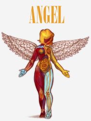 1girl angel angel_martinez angel_wings blonde_hair breasts clinical_trial_(game) closed_eyes derivative_work guro highres in_utero_(album) intestines nirvana_(band) no_mouth no_nipples no_pussy nude rinny_pie see-through_skin short_hair skeleton standing veins wings