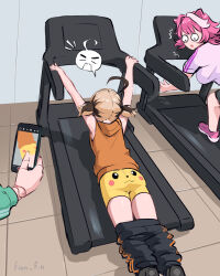 3girls :o ahoge artist_name ass black_pants brown_hair cecilia_immergreen cellphone character_print clothes_pull commentary doll_joints english_commentary failure fian_f.n gen_1_pokemon gigi_murin gym highres holding holding_phone hololive hololive_english hood hoodie huge_ahoge indoors joints multicolored_hair multiple_girls orange_hoodie pants pants_pull phone pikachu pink_hair pink_shirt raora_panthera rectangular_mouth running shirt shorts sleeveless sleeveless_hoodie smartphone spoken_expression taking_picture thighs treadmill twintails two-tone_hair virtual_youtuber yellow_shorts