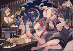 1boy 4girls :d abs absurdres alternate_costume aqua_hair arknights ass bare_arms bare_shoulders black_chemise black_hair black_shorts black_sports_bra blonde_hair blue_eyes blue_hair bowl breasts brother_and_sister casual chair chongyue_(arknights) cleavage colored_extremities commentary dragon_girl dragon_horns dragon_tail drawing_(object) dress drinking dusk_(arknights) family food full_moon grey_hair grin hair_behind_ear hair_bun hair_intakes hand_on_own_hip highres holding holding_drawing holding_paintbrush horns kokawaaokawa leaning ling_(arknights) long_hair looking_at_food medium_breasts moon multicolored_hair multiple_girls navel nian_(arknights) night open_clothes open_mouth open_shirt orange_eyes paintbrush plate pointy_ears purple_eyes red_eyes red_hair rice rice_bowl shamoji shirt short_hair short_shorts shorts shu_(arknights) siblings sisters smile spaghetti_strap sports_bra standing star_(sky) streaked_hair table tail tail_raised toned toned_male topless_male towel white_dress white_shirt