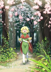 1boy :o absurdres artist_name birthday blonde_hair boots cape cherry_blossoms coat commentary dated forest grass green_boots green_coat happy_birthday highres looking_up male_focus mittens motimoti_mgmg nature o_o open_mouth otomo_(puyopuyo) outdoors path plant puyopuyo puyopuyo_fever_2 red_cape road sheath sheathed solo standing sunlight sword thigh_boots tree turtleneck turtleneck_coat twitter_username walking weapon yellow_mittens