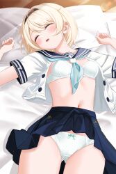 1girl 4kimizuki absurdres black_hairband blonde_hair blue_neckerchief blue_sailor_collar blue_skirt blush bow bow_panties bra closed_eyes clothes_lift commentary_request hairband highres hololive kazama_iroha lying miniskirt navel neckerchief on_back open_mouth paid_reward_available panties pleated_skirt polka_dot polka_dot_bra polka_dot_panties sailor_collar school_uniform serafuku shirt shirt_lift short_hair short_sleeves skirt skirt_lift sleeping solo underwear variant_set virtual_youtuber white_bra white_panties white_shirt