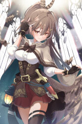 1girl adjusting_hair black_gloves black_hair blush breasts brown_cape brown_corset brown_hair brown_wings cape cape_hold chahanramen closed_mouth commentary corset cowboy_shot dagger falling_feathers feather_hair_ornament feathered_wings feathers gloves hair_between_eyes hair_ornament hairclip highres hololive hololive_english indoors knife looking_at_viewer medium_breasts multicolored_hair nanashi_mumei nanashi_mumei_(1st_costume) partially_fingerless_gloves ponytail red_skirt revision shirt skirt smile solo streaked_hair sunlight thigh_strap virtual_youtuber weapon white_hair white_shirt wings yellow_eyes
