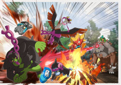 ... 1girl 1other 3boys :3 absurdres animal_ears animal_focus attack bird bloodmoon_ursaluna colored_sclera day dog_ears emphasis_lines energy_gun explosion falling fezandipiti fire forest gen_9_pokemon glassy0302 grin highres jumping legendary_pokemon looking_at_another monkey multiple_boys munkidori nature nintendo no_humans ogerpon ogerpon_(teal_mask) okidogi outdoors poison pokemon pokemon_(creature) rape_face riding riding_pokemon sharp_teeth simple_background smile teamwork teeth tree ursaluna violence weapon white_background wings yellow_sclera