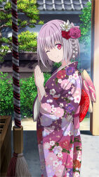 Rule 34 | 1girl, ;), bush, closed mouth, day, floral print, floral print kimono, flower, game cg, gridman universe, hair flower, hair ornament, hatsumoude, highres, japanese clothes, kimono, kouhaku nawa, looking at viewer, new year, obi, official art, one eye closed, outdoors, own hands together, palms together, pink hair, pink sash, praying, print kimono, purple kimono, red eyes, rope, sash, shimenawa, shinjou akane, short hair, shrine, smile, solo, ssss.gridman, third-party source, tree, yukata