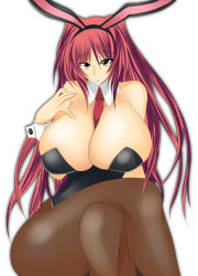Rule 34 | 1girl, animal costume, animal ears, bare shoulders, between breasts, breasts, crossed legs, curvy, fake animal ears, female focus, hair ornament, huge breasts, kousaka tamaki, legs, leotard, long hair, necktie, pantyhose, playboy bunny, rabbit ears, red hair, simple background, sitting, solo, thick thighs, thighs, to heart (series), to heart 2, umino mokuzu (a4 size), white background, wide hips