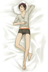 Rule 34 | 1boy, axis powers hetalia, boxers, brown hair, green eyes, lying, male focus, male underwear, pillow, short hair, spain (hetalia), underwear