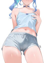 1girl absurdres arm_behind_back blue_choker blue_hair blue_nails camisole choker chromatic_aberration commentary diptip drawstring english_commentary flat_chest grey_shorts head_out_of_frame highres hololive hoshimachi_suisei midriff navel short_shorts shorts side_ponytail simple_background solo thighs virtual_youtuber white_background