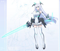 1girl :o absurdres android bare_shoulders blue_eyes boots braid breasts bright_pupils elbow_gloves energy_sword floating_hair full_body gloves glowing glowing_weapon green_eyes hair_between_eyes headgear highres holding holding_sword holding_weapon joints large_breasts long_hair looking_at_viewer maxilax mecha_musume miniskirt open_hand original pleated_skirt robot_joints skirt sleeveless solo sword thighhighs very_long_hair weapon white_gloves white_hair white_pupils white_skirt white_thighhighs zettai_ryouiki zoom_layer