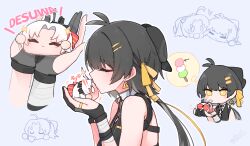 1girl bandaged_wrist bandages bare_shoulders black_hair blush bow carlotta_(wuthering_waves) closed_eyes dango earrings female_rover_(wuthering_waves) food hair_bow hair_ribbon highres jewelry kiss kissing_forehead long_hair objectification pink_bow ribbon rover_(wuthering_waves) sanshoku_dango starblame triangle_earrings wagashi wuthering_waves yellow_ribbon