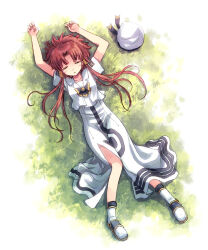 Rule 34 | 1girl, aria (manga), aria company uniform, blue bow, blue bowtie, blush, bow, bowtie, closed eyes, commentary request, dress, from above, full body, grass, hair tubes, hat, highres, long dress, long hair, lying, mizunashi akari, on back, on grass, on ground, outdoors, pink hair, sailor collar, shirt, shoes, short hair with long locks, short sleeves, side slit, sidelocks, solo, unworn hat, unworn headwear, white dress, white shirt, yakka