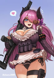 1girl absurdres ammunition_pouch apron arm_strap blue_eyes blush breasts chance8000 cleavage cleavage_cutout clothing_cutout draph granblue_fantasy gun hair_ornament hair_over_one_eye heart highres horns huge_breasts looking_at_viewer military narmaya_(granblue_fantasy) narmaya_(valentine)_(granblue_fantasy) notice_lines open_mouth panties pink_hair pouch pump_action ribbon shotgun spas-12 spoken_heart sweater thigh_strap underwear weapon