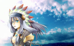 Rule 34 | 1girl, blue eyes, blue sky, breasts, chain, cloud, coat, commentary request, day, grey coat, hair tubes, headdress, long hair, looking afar, medium breasts, native american headdress, open mouth, outdoors, ragnarok online, sidelocks, sky, solo, tomiya airu, upper body, warlock (ragnarok online)