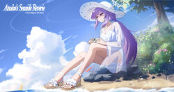Rule 34 | 1girl, absurdres, atsuko (blue archive), atsuko (swimsuit) (blue archive), beach, bikini, blue archive, blue sky, blurry, blurry background, blurry foreground, braid, braided ponytail, bush, closed mouth, cloud, collarbone, cross, cross necklace, feet, full body, halo, hat, highres, jewelry, legs, light smile, long hair, low ponytail, necklace, ocean, official alternate costume, outdoors, ponytail, purple hair, red eyes, sand, sandals, sitting, sky, solo, sun hat, sunlight, swimsuit, toes, tree, very long hair, water, white bikini, white hat, yunmo (znfc8352)