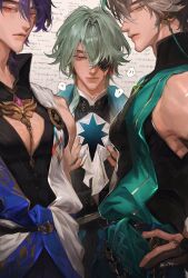 3boys ? absurdres alhaitham_(genshin_impact) anaxa_(honkai:_star_rail) aqua_eyes blue_eyes character_request closed_mouth eyepatch grey_hair hands_on_own_chest highres honkai:_star_rail honkai_(series) looking_down multiple_boys muscular muscular_male one_eye_covered puffy_chest purple_hair red_eyes spoken_question_mark upper_body vyqi
