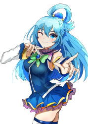 1girl aqua_(konosuba) blue_dress blue_eyes blue_footwear blue_hair blue_shirt blue_skirt blue_thighhighs blush boots detached_sleeves dress green_ribbon hair_ornament hair_rings hand_on_own_face highres kono_subarashii_sekai_ni_shukufuku_wo! light_smile long_hair looking_at_viewer no_panties one_eye_closed ribbon sasai_tuki shirt simple_background single_hair_ring skirt smile thighhighs thighhighs_under_boots