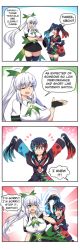 2girls 4koma absurdres black_legwear blue_eyes breasts comic commentary corset crossed_arms detachable english_commentary english_text fang game_console green_eyes hair_ornament heterochromia highres hitting large_breasts long_hair long_sleeves merryweather microsoft multiple_girls nintendo nintendo_switch nintendo_switch_(personification) paint_splatter ponytail red_eyes school_uniform serafuku sleeves_past_wrists smile smug splatoon_(series) thighhighs twintails very_long_hair white_hair x_hair_ornament xbox_one xbox_one_(personification) zettai_ryouiki