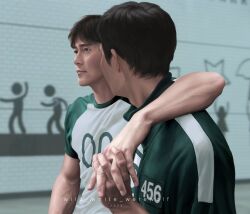 Rule 34 | 2boys, arm around shoulder, black eyes, black hair, commentary, english commentary, green sleeves, green track suit, highres, holding hands, hwang in-ho, implied yaoi, looking at another, male focus, multiple boys, seong gi-hun, shirt, short hair, squid game, toned, toned male, track suit, two-tone shirt, upper body, walking, white shirt, wildwerewolf