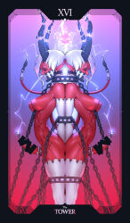 2girls arched_back bar_censor bdsm bondage bound broken_horns censored chained_legs closed_eyes colored_skin cowboy_shot crown demon_girl elbow_gloves electricity futanari gloves glowing_nipples highres horns large_penis long_horns multiple_girls nipples original penis pointy_ears red_skin restrained short_hair sounding symmetry tailbox tarot the_tower_(tarot) urethral_insertion white_hair