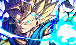 Rule 34 | 1boy, artist name, blonde hair, blue eyes, blue vest, chinese commentary, commentary request, curtained hair, dragon ball, dragonball z, earrings, energy orb, english text, gloves, jewelry, male focus, mattari illust, medium hair, orange shirt, portrait, potara earrings, purple background, reaching, reaching towards viewer, shirt, short sleeves, smile, solo, spiked hair, super saiyan, super saiyan 1, teeth, tongue, twitter username, v-shaped eyebrows, vegetto, vest, white gloves