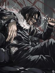 1boy absurdres arm_up black_coat blood blood_in_hair blood_on_clothes blood_splatter blood_spray bloody_weapon coat couch crazy endo_yohane evil_smile fur_trim gangster glowing glowing_eye highres holding holding_sword holding_weapon kagurabachi katana messy_hair murder sitting smile solo soujou_genichi sword weapon