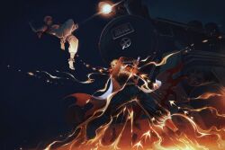 2boys akaza_(kimetsu_no_yaiba) colored_skin demon_boy demon_slayer_uniform fighting fire glowing glowing_eyes jumping kimetsu_no_yaiba long_hair looking_at_another multiple_boys night rengoku_kyoujurou sword train user_zenn5372 weapon white_skin