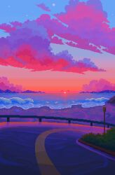 absurdres atmospheric_perspective beach cloud cloudy_sky eastblueace grass highres horizon mountainous_horizon no_humans ocean original pink_clouds pixel_art railing reflection reflective_water road road_sign scenery shadow sign sky skyline star_(sky) starry_sky sunset waves