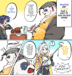 1boy 2girls ? ^^^ bell belle_(zenless_zone_zero) black_fur black_jacket blue_hair blush bossjob3 bracelet broken_staff chinese_clothes claws commentary english_commentary fang fat fat_man food furry furry_male holding holding_staff hood hood_down hooded_jacket jacket jewelry jingle_bell kung_fu_panda looking_at_another looking_at_food minecraft multicolored_fur multiple_girls open_mouth pan_yinhu panda_boy pawpads shirt sparkle speech_bubble spiked_bracelet spikes spoken_question_mark staff sweatdrop white_fur white_hair wide-eyed wok yellow_shirt yi_xuan_(zenless_zone_zero) zenless_zone_zero
