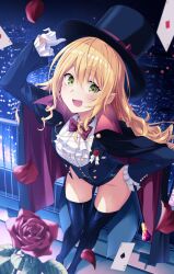 1girl arm_up black_cloak black_hat black_jacket black_leotard black_thighhighs blonde_hair boots bow bowtie cane card cloak commission flower gem gloves green_eyes grey_vest hand_on_headwear hand_on_own_hip hat jacket leaning_forward leotard leotard_under_clothes long_hair looking_at_viewer multicolored_cloak murasaki_himuro night open_mouth original outdoors phantom_thief phantom_thief_(kkmomo67) playing_card red_bow red_bowtie red_cloak rose shirt skeb_commission smile solo thigh_boots thighhighs thighs top_hat two-sided_cloak two-sided_fabric two-tone_cloak vest white_gloves white_shirt