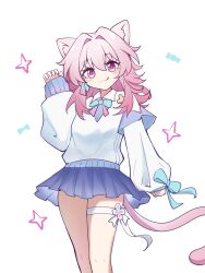 1girl alternate_costume animal_ears blue_bow blue_bowtie blue_skirt bow bowtie cat_ears cat_tail chinese_commentary commentary_request du_li hair_intakes highres honkai:_star_rail honkai_(series) licking_lips march_7th_(honkai:_star_rail) medium_hair miniskirt multicolored_eyes pink_hair simple_background skirt solo sweater tail thigh_strap tongue tongue_out two-tone_bow two-tone_bowtie two-tone_eyes white_background white_sweater