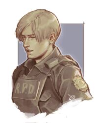 Rule 34 | 1boy, blonde hair, collared shirt, commentary, cropped torso, english commentary, ericson blum, highres, layered clothes, leon s. kennedy, long sleeves, looking ahead, male focus, parted lips, police badge, resident evil, resident evil 2, resident evil 2 (remake), shirt, signature, simple background, sketch, smile, solo, vest, wing collar