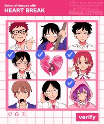 Rule 34 | 4boys, 4girls, black-framed eyewear, black eyes, black hair, black sweater vest, blazer, blue jacket, blush, braid, broken heart, brown eyes, brown hair, captcha, checkmark, closed mouth, commentary, cousins, electric guitar, eyebrow cut, fujii ayame, futsuu no keion-bu, glasses, grey eyes, grid background, guitar, hand on own head, hatono chihiro, heart, heartbreak (futsuu no keion-bu), highres, holding, holding guitar, holding instrument, holding microphone, hood, hood up, hoodie, instrument, jacket, kouyama rin, long hair, looking at another, microphone, mizuo haruichi, mole, mole under eye, multiple boys, multiple girls, neck ribbon, parted bangs, parted lips, pink hoodie, pink theme, portrait, protocol. (futsuu no keion-bu), purple eyes, purple hair, qrioic74, red eyes, red hair, red ribbon, ribbon, sanpaku, school uniform, self-doubt animal (futsuu no keion-bu), short hair, sweater vest, symbol-only commentary, taguchi ryuuya, takami kouki, tohno gen, twin braids, twintails, twitter username, uchida momo, v, watermark