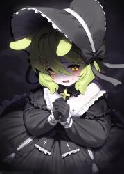 1girl animal_ears black_bow black_dress black_gloves bonnet bow commentary commission cross cross_hair_ornament cross_necklace dress english_commentary frilled_shirt_collar frilled_sleeves frills gloves green_hair hair_between_eyes hair_ornament highres jewelry long_sleeves looking_at_viewer necklace open_mouth original own_hands_clasped own_hands_together puffy_long_sleeves puffy_sleeves shaded_face short_hair solo sweatdrop tostantan wavy_mouth yellow_eyes