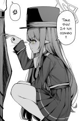 1boy 1girl absurdres anger_vein blue_archive clover_dot_(clov_erd) english_text gloves halo hat highres hikari_(blue_archive) jacket long_hair long_sleeves pants peaked_cap pleated_skirt pointy_ears poking skirt solo_focus speech_bubble spoken_anger_vein squatting standing white_background yellow_eyes