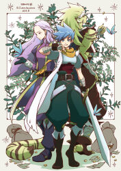3boys absurdres animal_ears bag bandaged_arm bandages banknote belt belt_buckle blonde_hair blue_eyes blue_hair boots branch breath_of_fire breath_of_fire_iii buckle bug butterfly coin facial_mark gloves highres holding holding_sword holding_weapon insect long_hair looking_at_viewer male_focus maruno money money_bag multiple_boys orange_scarf pants pointy_ears purple_hair rei_(breath_of_fire) ryu_(breath_of_fire_iii) scarf shirt sleeveless sleeveless_shirt spiked_hair sword tail teepo tiger_boy tiger_ears tiger_tail torn_clothes torn_sleeves twitter_username very_long_hair weapon