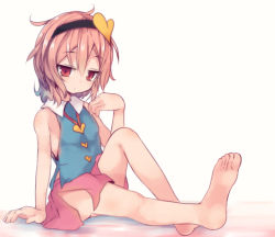 1girl :/ arm_support bad_feet bare_shoulders barefoot beni_shake blue_shirt blush closed_mouth female_focus flat_chest from_side full_body hair_between_eyes hair_ornament hairband halterneck heart heart_hair_ornament heart_print knee_up komeiji_satori legs looking_at_viewer messy_hair miniskirt parted_bangs pink_hair pink_skirt red_eyes shirt short_hair side_slit simple_background sitting skirt sleeveless soles solo toes touhou white_background wing_collar