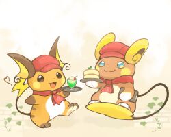 alolan_form alolan_raichu blue_eyes brown_eyes cherry clipboard commentary_request creatures_(company) food fruit game_freak gen_1_pokemon gen_7_pokemon glass hat heart holding holding_clipboard konanbo looking_at_viewer necktie nintendo no_humans open_mouth pancake pokemon pokemon_(creature) pokemon_cafe_remix raichu red_hat red_necktie regional_and_normal smile tail whipped_cream