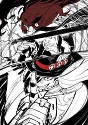 2boys argenti_(honkai:_star_rail) armor boothill_(honkai:_star_rail) breastplate clenched_teeth commentary_request cowboy_hat feathers floating_hair gauntlets grin gun hair_over_one_eye handgun hat highres holding holding_gun holding_weapon honkai:_star_rail honkai_(series) looking_back male_focus mole mole_under_eye mrsw0911 multicolored_hair multiple_boys multiple_moles one_eye_covered outstretched_arm red_eyes red_hair sharp_teeth sheriff_badge smile teeth weapon wide-eyed